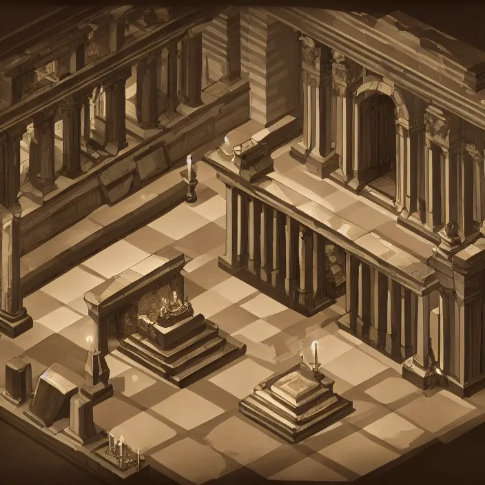 Prompt: isometric view of an interior with an altar in the style of hades, exquisite lighting, clear focus, very coherent