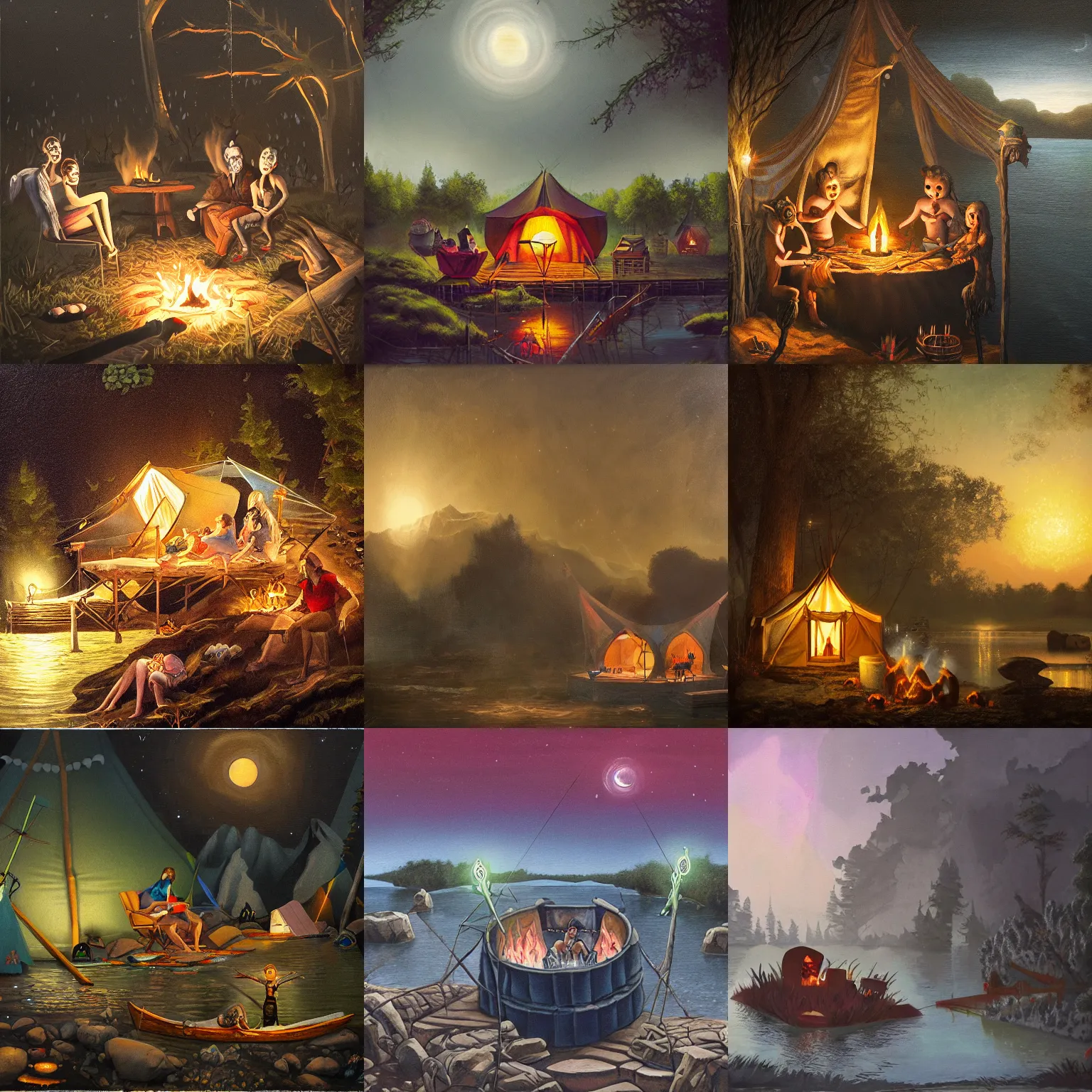 Prompt: 'Glamping in the Dark by the River Styx', satirical painting, viral trending on artstation, ultra detailed, Dan Koberlain, Brenda Posseri