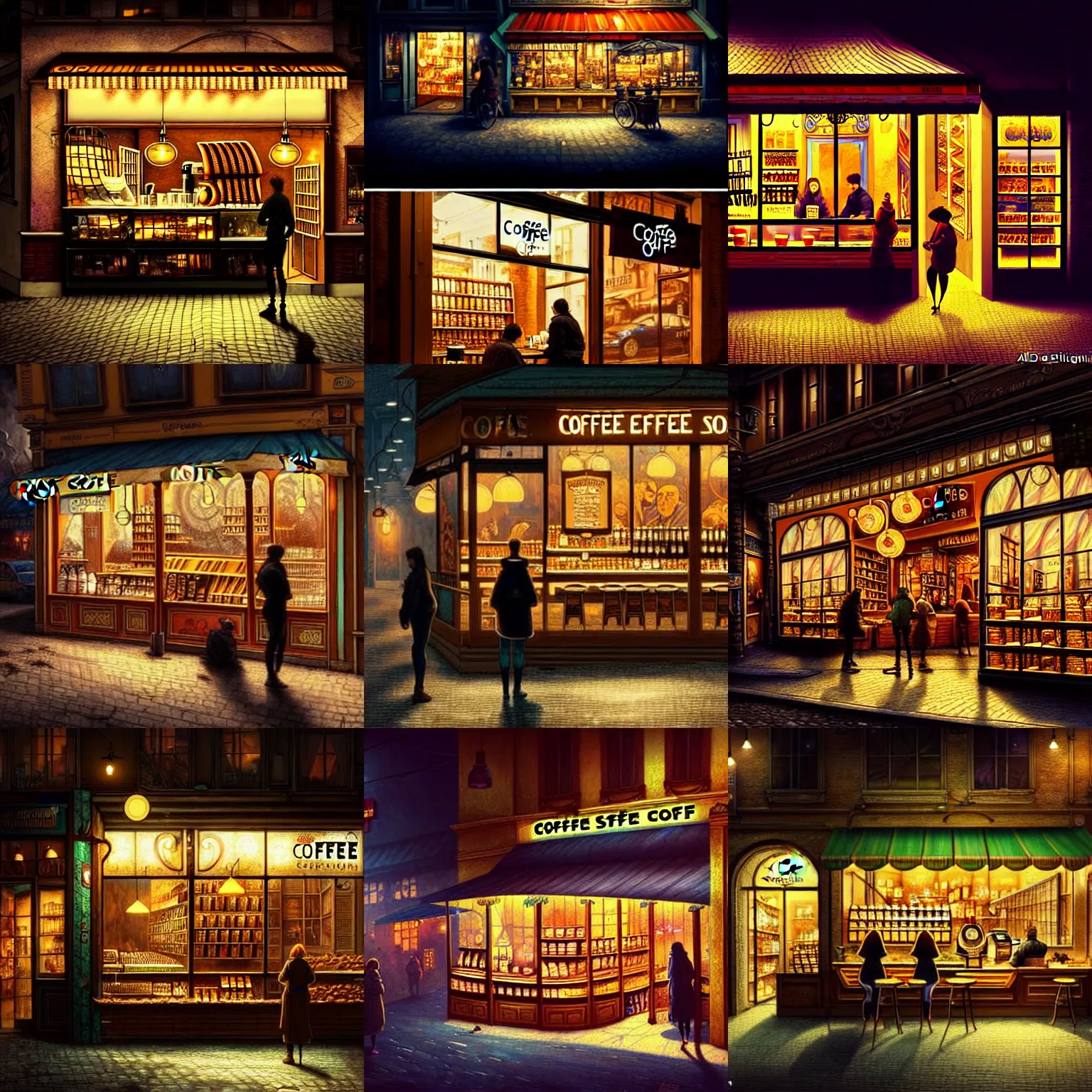 Prompt: a coffee shop store in The City of Ukraine at night with a few customers, extreme plus resolution fantasy concept art, intricate details to everything visible, sharp lighting, Dramatic light by denis villeneuve, strong emphasis on alphonse mucha, Makoto Shinkai