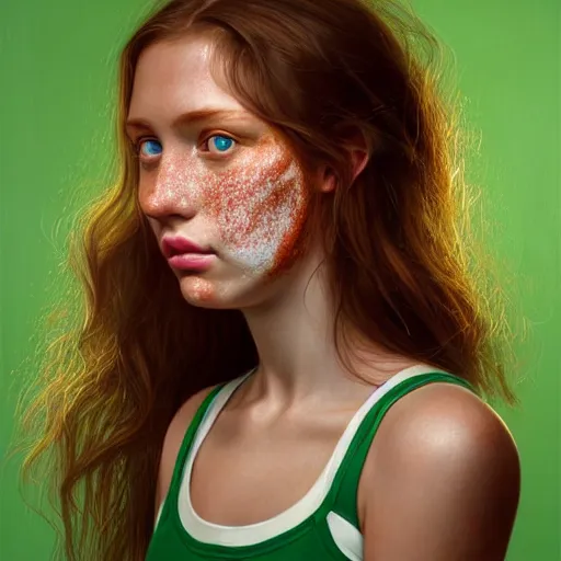 Prompt: beautiful hyperrealism hyperdetailed selfie of a cute young woman, long light bronze brown hair, flushed face, red blush, light freckles, puffy lips, soft features, emerald green eyes, 8 k, sharp focus, art by irakli nadar