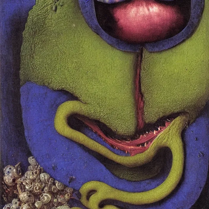 Image similar to close up portrait of a mutant monster creature with face in the shape of a colorful exotic dark blue carnivorous plant, snail - like protruding eyes. by jan van eyck, audubon