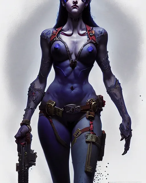 Image similar to widowmaker from overwatch, character portrait, concept art, intricate details, highly detailed by greg rutkowski, michael whelan and gustave dore