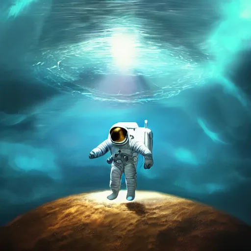 Image similar to an astronaut floating in the middle of deep underwater being hit by sun rays, trending on art station, atmosphere, concept art, photorealistic, high detailed