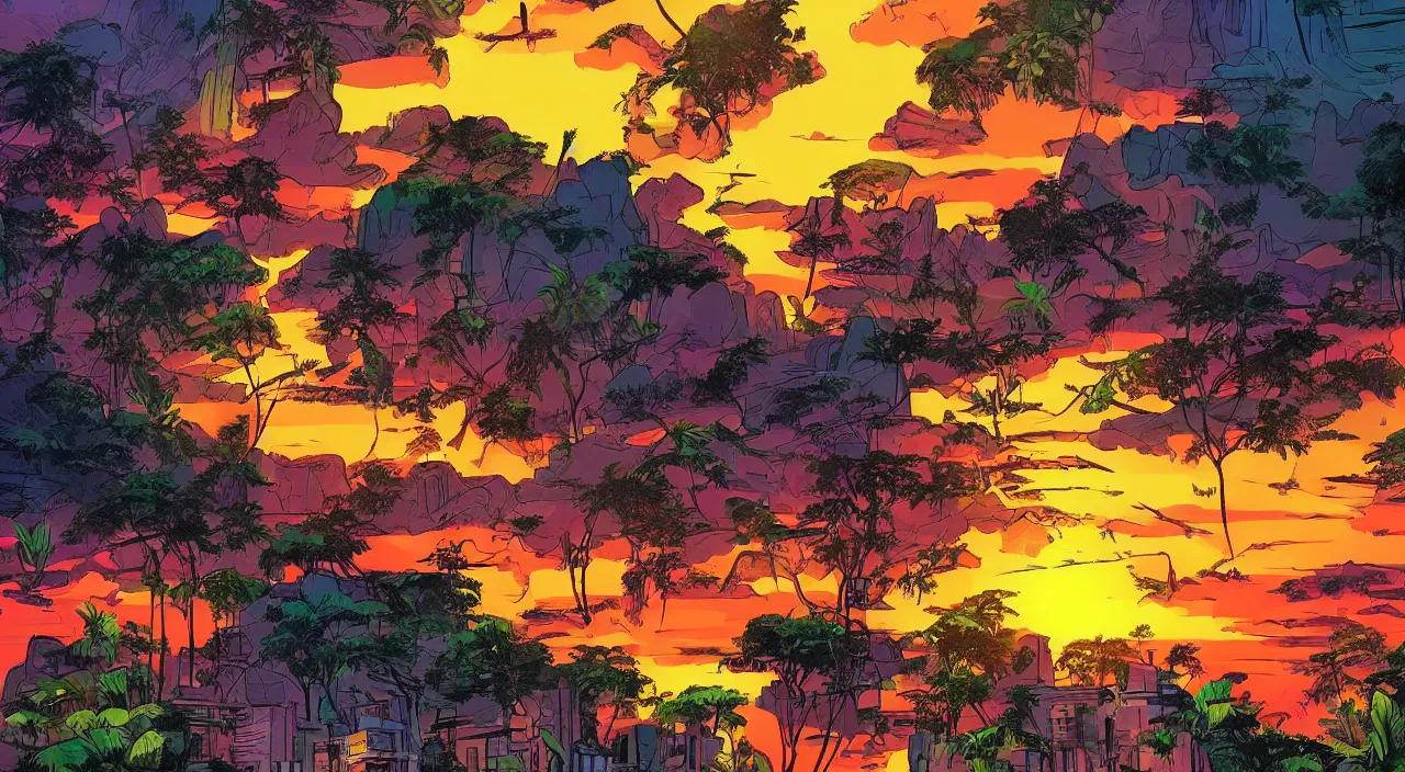 Prompt: saigon jungle mountains sunset sky rice patties beautiful artstation 4 k breathtaking illustration cartoon by jack kirby