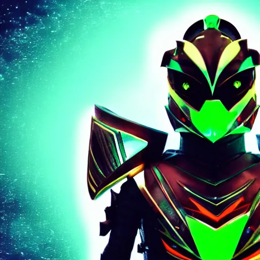 Image similar to High Fantasy Kamen Rider, glowing eyes, 4k, daytime, rubber suit, segmented armor, dark blue armor with green secondary color, tokusatsu