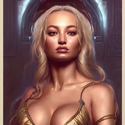 Image similar to portrait painting of lindsey pelas, sari, ultra realistic, concept art, intricate details, eerie, highly detailed, photorealistic, octane render, 8 k, unreal engine. art by artgerm and greg rutkowski and alphonse mucha