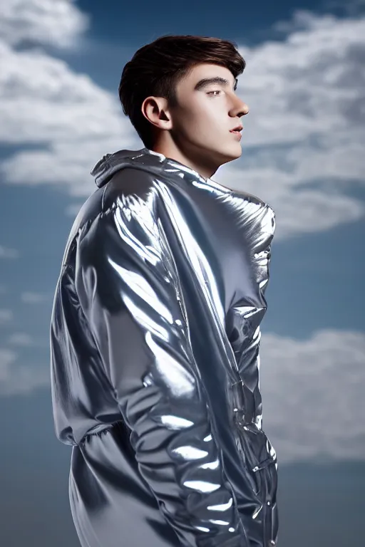 Image similar to un ultra high definition studio quality photographic art portrait of a young man standing on the rooftop of a british apartment building wearing soft baggy inflatable padded silver iridescent pearlescent clothing. three point light. extremely detailed. golden ratio, ray tracing, volumetric light, shallow depth of field. set dressed.