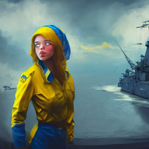 Image similar to ukrainian girl with blue and yellow clothes near big ruined warship, concept art, trending on artstation, highly detailed, intricate, sharp focus, digital art, 8 k