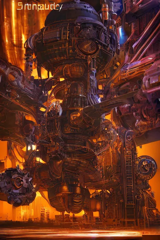 Prompt: a movie poster, write the text tripmachine, photo of a huge futuristic steampunk generator inside a steampunk machinery, 8 k, fluorescent colors, halluzinogenic, multicolored, exaggerated detailed, 3 d render, octane