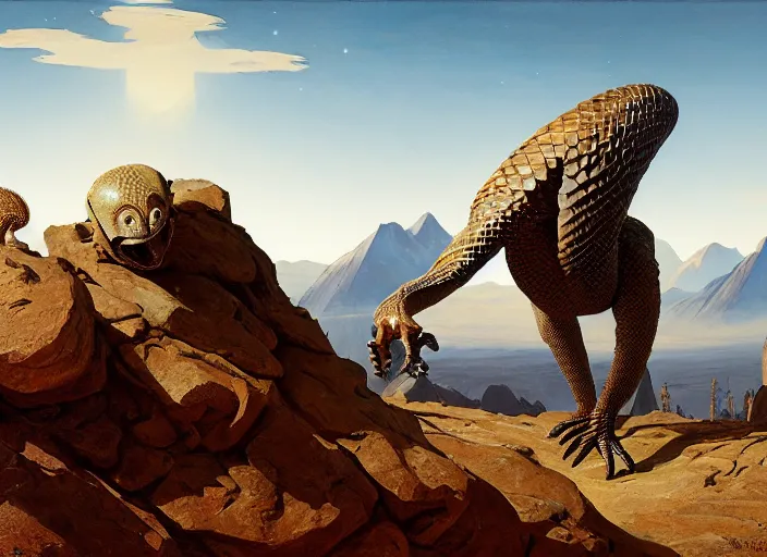 Prompt: an alien pangolin in white and gold scaled armor standig on a mountain on an alien planet, matte painting, by isaac levitan and asher brown durand,