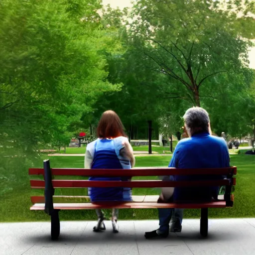 Prompt: a couple sitting on a park bench, tilt shift