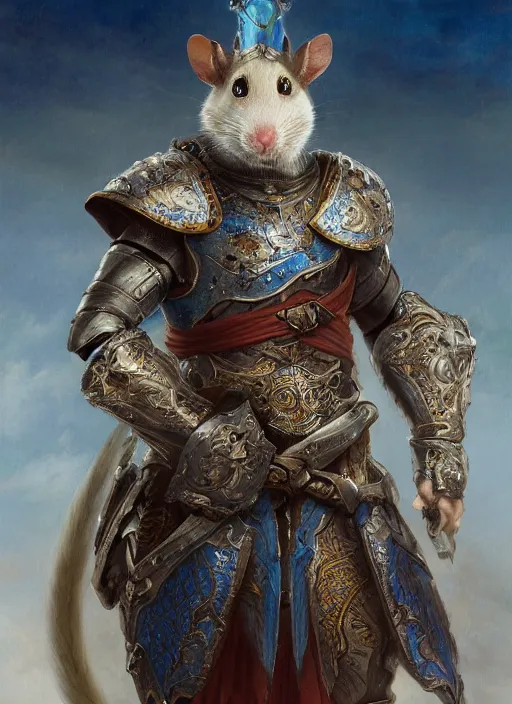 Prompt: formal portrait of white warrior rat, wearing plate armor with blue cloak, fantasy, digital art by eugene de blaas, ross tran, and nasreddine dinet, vibrant color scheme, intricately detailed, in the style of romanticism, cinematic, artstation, greg rutkowski