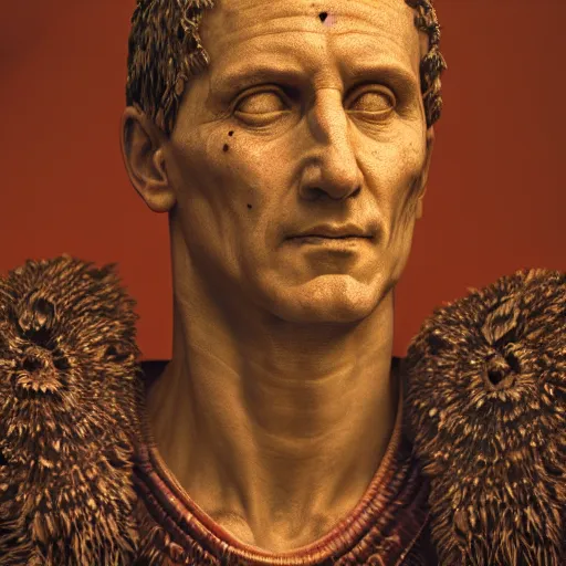 Image similar to a portrait of julius caesar, ancient roman setting, dynamic pose, close - up, intricate details, intricately detailed clothing, intricate textures, warm lighting, vivid colors, smoke and mist, realistic octane render, hyper realistic render, volumetric shading, depth of field, raytracing, 8 k,