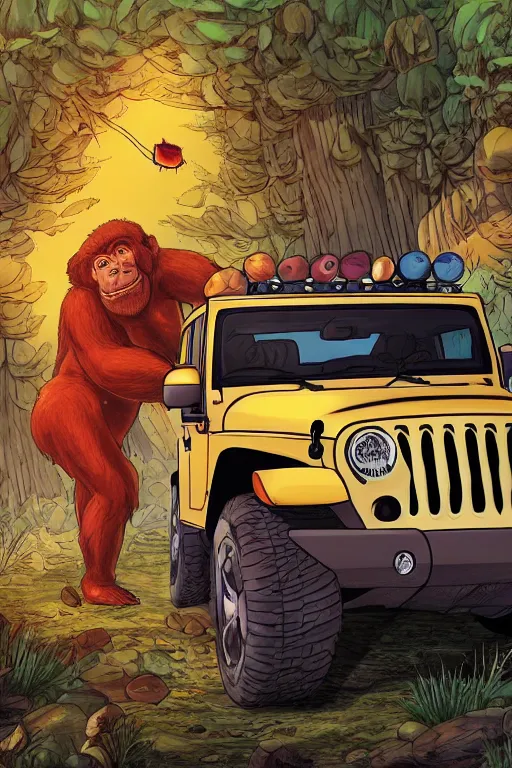 Image similar to gorilla driving a jeep holding a amanita muscaria, sunshine, by alba ballesta gonzalez and moebius. 4 k wallpaper, digital flat 2 d, japan animation, comic book, illustration, cinematic lighting, smooth sharp focus.