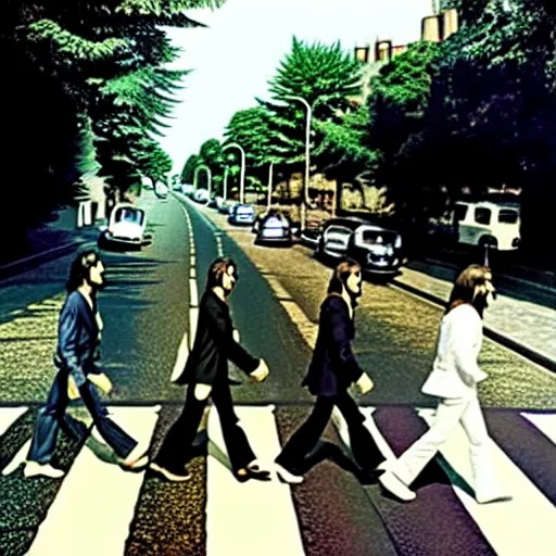 Image similar to The Beatles running across Abbey Road, 1969