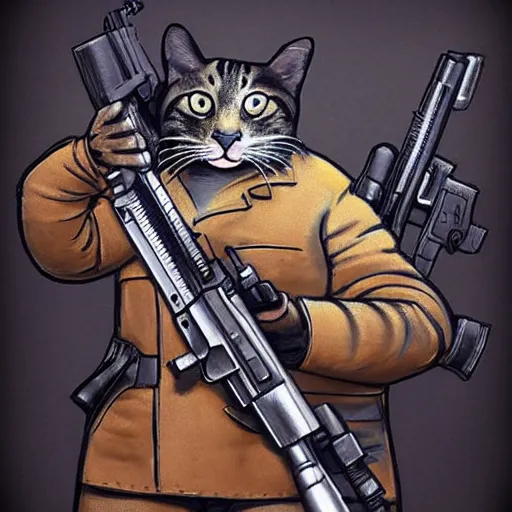 Image similar to photograph of a realistic anthropomorphic cat with lots of guns