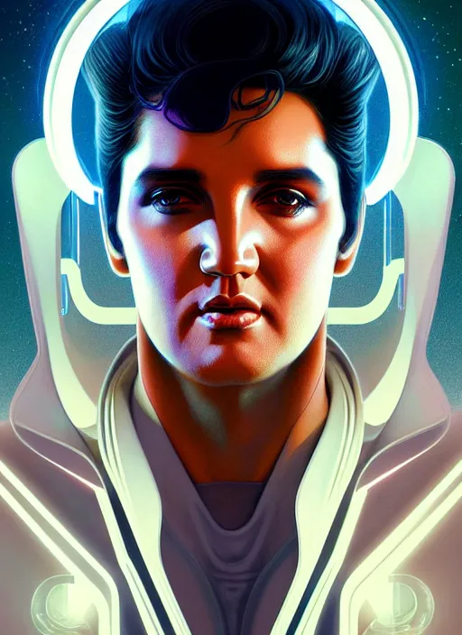 Image similar to symmetry!! portrait of elvis presley, sci - fi, tech wear, glowing lights!! intricate, elegant, highly detailed, digital painting, artstation, concept art, smooth, sharp focus, illustration, art by artgerm and greg rutkowski and alphonse mucha