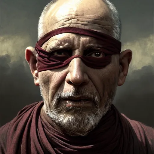 Image similar to portrait painting of a post - apocalyptic older american man blindfolded and wearing monk garbs with a scrap pauldron, ultra realistic, concept art, intricate details, eerie, highly detailed, photorealistic, octane render, 8 k, unreal engine. art by artgerm and greg rutkowski and charlie bowater and magali villeneuve and alphonse mucha