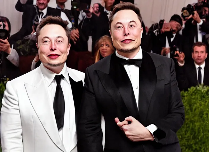 Prompt: Elon Musk and Nikola together at Met Gala 2039 in Mars Futuristic Speaking to a large crowd in an event