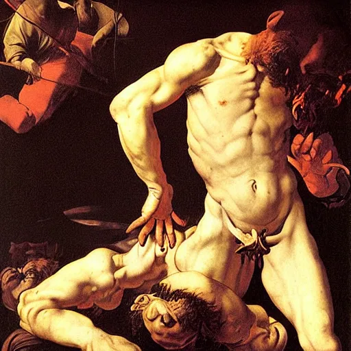 Prompt: exhausted man succumbing to a black hole of demons and eternal fires of hell by caravaggio michelangelo merisi