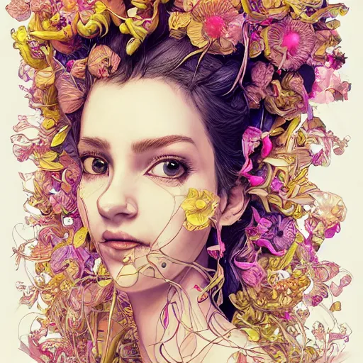 Image similar to the portrait of an absurdly beautiful, graceful, elegant young woman made of bananas and petals looking up, an ultrafine detailed illustration by kim jung gi, irakli nadar, intricate linework, bright colors, octopath traveler, final fantasy, angular, unreal engine 5 highly rendered, global illumination, radiant light, detailed and intricate environment