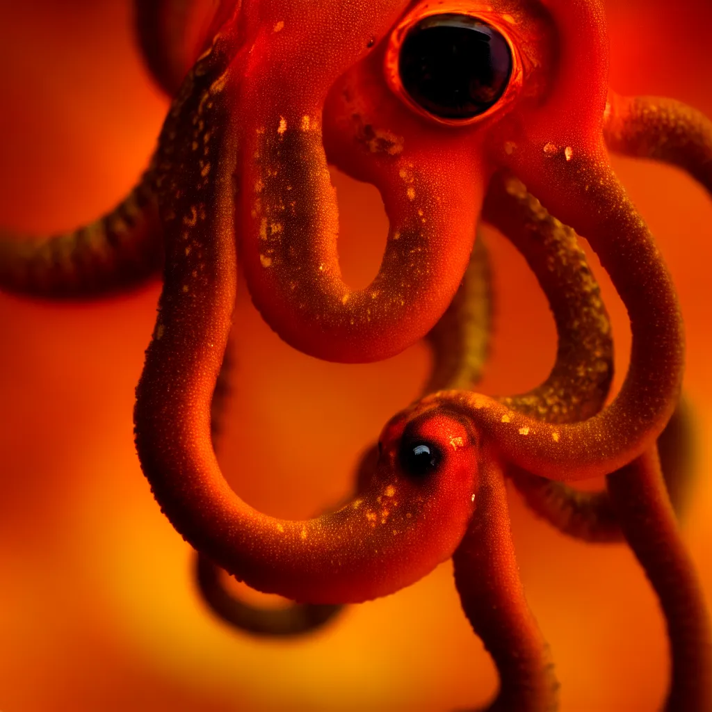 Image similar to fiery whimsical emotional eyes cephalopod, in a photorealistic macro photograph with shallow dof