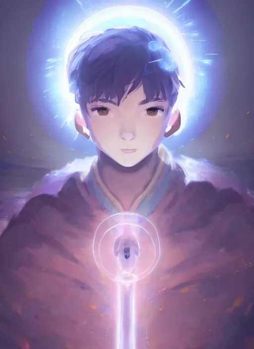 Image similar to a portrait of elemental light - kun with halo around his head, shiny, intricate, tone mapped, ambient lighting, highly detailed, digital painting, artstation, concept art, 4 k, god rays, stunning beautiful, glowing eyes, sharp focus, by makoto shinkai and akihiko yoshida and hidari and wlop