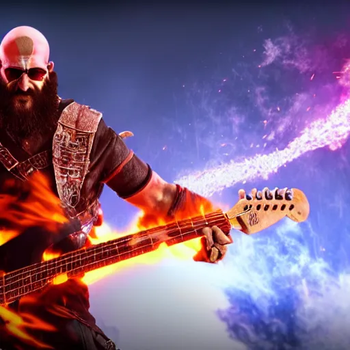 Prompt: sunglasses kratos shredding a solo, flames bursting from stratocaster guitar, cinematic render, god of war 2 0 1 8, santa monica studio official media, sunglasses, lightning