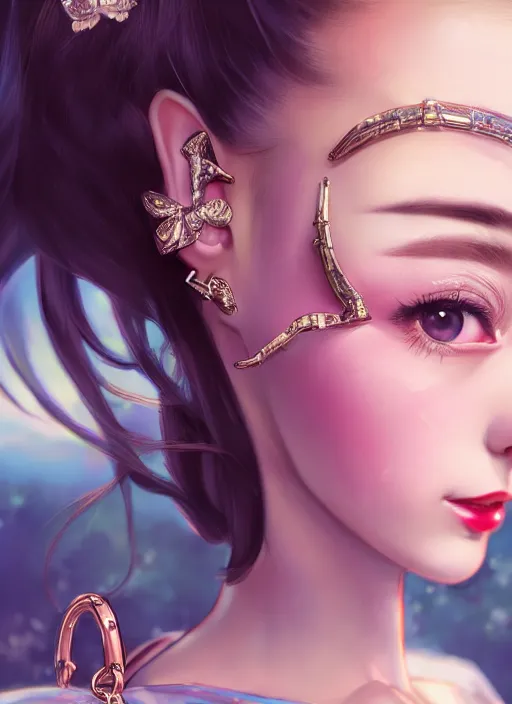 Image similar to a pin up and beautiful fashion dreamlke japan girl with lv jewelry, character art, art by artgerm, wlop, loish, hyperdetailed, 8 k realistic, symmetrical, global illumination, radiant light, frostbite 3 engine, cryengine, dof, trending on artstation, digital art, chanel, dior, detailed background