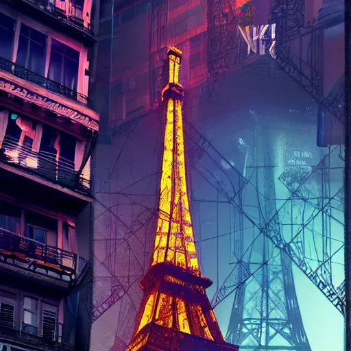 Prompt: A beautiful intricate 8K award-winning ground-level cinematic movie photograph of the future fallen and decaying Eiffel Tower, surrounded by neon and collapsing corporate video billboard displays. in the year 2050, by Bruno Delbonnel and greg rutkowski. octane render, Arri Alexa 65. Cinematic lighting