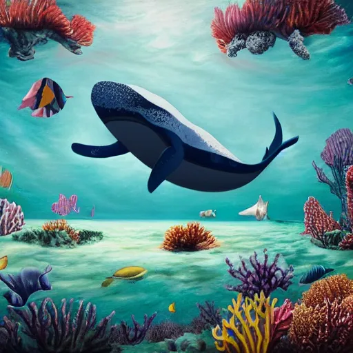 Image similar to an modern hyperrealistic painting, under the sea, helicopters flying underwater around a big whale