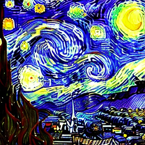 Prompt: starry night by Van Gogh, cyberpunk glitch art