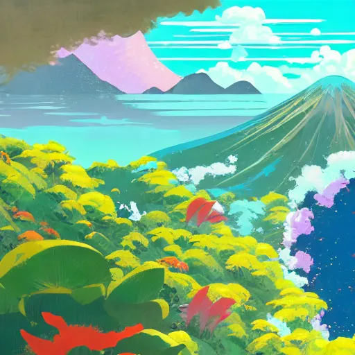 Image similar to landscape of an anime style with tropical flowers and volcanos, waterfalls bright colors, bird eye view, bove rule of thirds golden ratio, fake detail, trending pixiv fanbox, acrylic palette knife, style of makoto shinkai studio ghibli genshin impact james gilleard greg rutkowski chiho aoshima