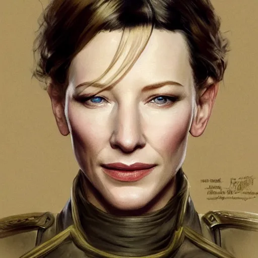 Prompt: Portrait of cate blanchett as a military officer, intricate, headshot, highly detailed, digital painting, artstation, concept art, sharp focus, cinematic lighting, illustration, art by artgerm and greg rutkowski, alphonse mucha, cgsociety