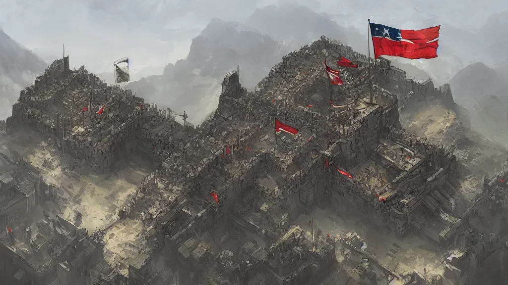 Prompt: top down view of fortified mountain bastion with flag banners, papyrus, watercolored, jakub rozalski, dark colours, dishonored, artstation