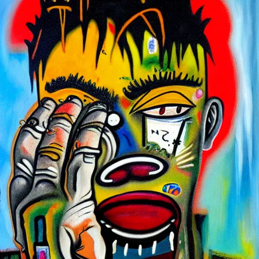 Image similar to detailed chaotic neo expressionism oil painting of sad boy rapper crying with tattoos by basquiat