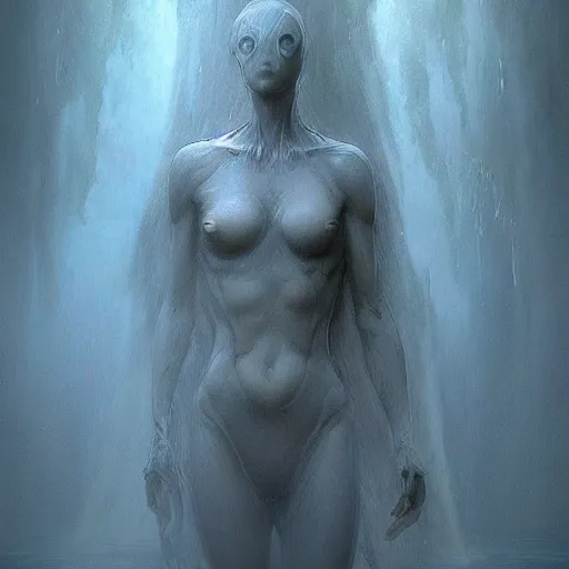 Image similar to atmospheric concept art of a female water elemental sculpted from marble, concept art, character concept art, atmospheric, fog, wayne barlowe , moebius, yoshitako amano