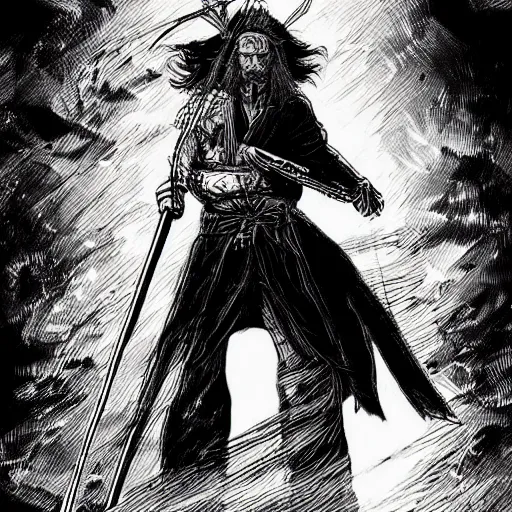 Prompt: black and white pen and ink!!!! rugged royal! nordic goetic Raiden x Frank Zappa golden!!!! Vagabond!!!! floating magic swordsman!!!! glides through a beautiful!!!!!!! battlefield dramatic esoteric!!!!!! pen and ink!!!!! illustrated in high detail!!!!!!!! by Junji Ito and Hiroya Oku!!!!!!!!! graphic novel published on 2049 award winning!!!! full body portrait!!!!! action exposition manga panel black and white Shonen Jump issue by David Lynch and Frank Miller beautiful line art Hirohiko Araki-s 150