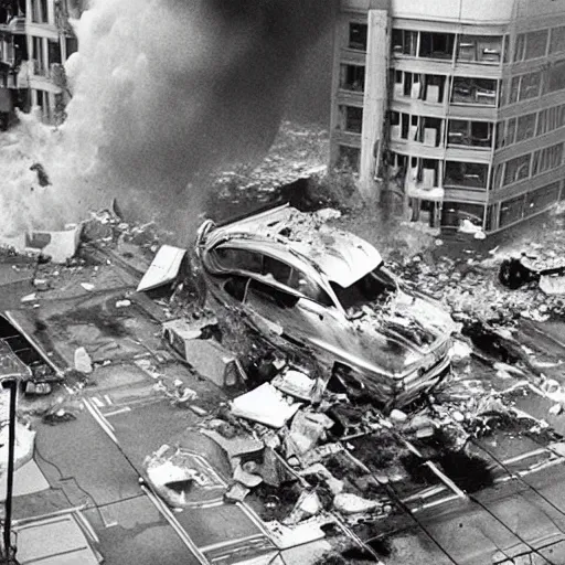 Prompt: a giant satellite splash ,big impact hit on the building, explode and chaos, Holywood scene, full color, broken cars,scary picture, convincing