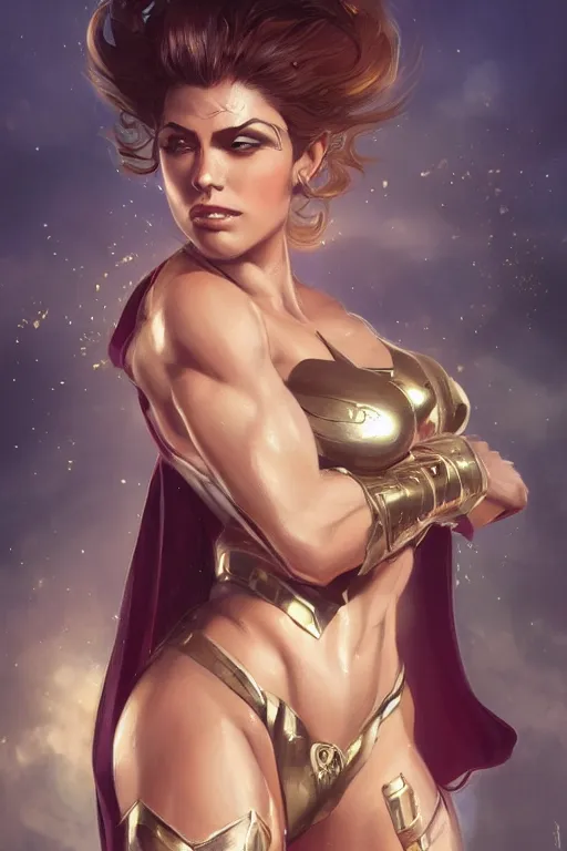 Image similar to three quarters portrait pose of a beautiful woman, strong body,super heroine costume,super powers, fantasy, intricate, elegant, highly detailed, digital painting, artstation, concept art,shining, sharp focus, illustration, art by Stanley Lau