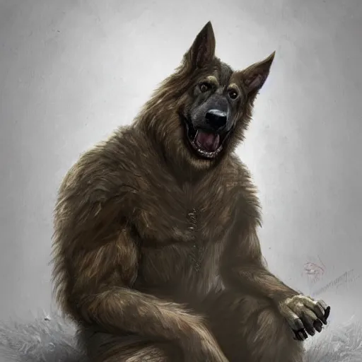 Image similar to a wounded humanoid german shepherd beast - man in military style, sitting on the carpeted floor beside a bed, highly detailed portrait, digital painting, artstation, concept art, smooth, sharp foccus ilustration, artstation