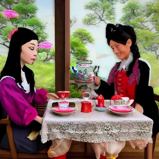 Image similar to Meilin Lee from Turning Red and Mirabel Madrigal from Encanto having a tea party, 8k, ultra realistic, highly detailed