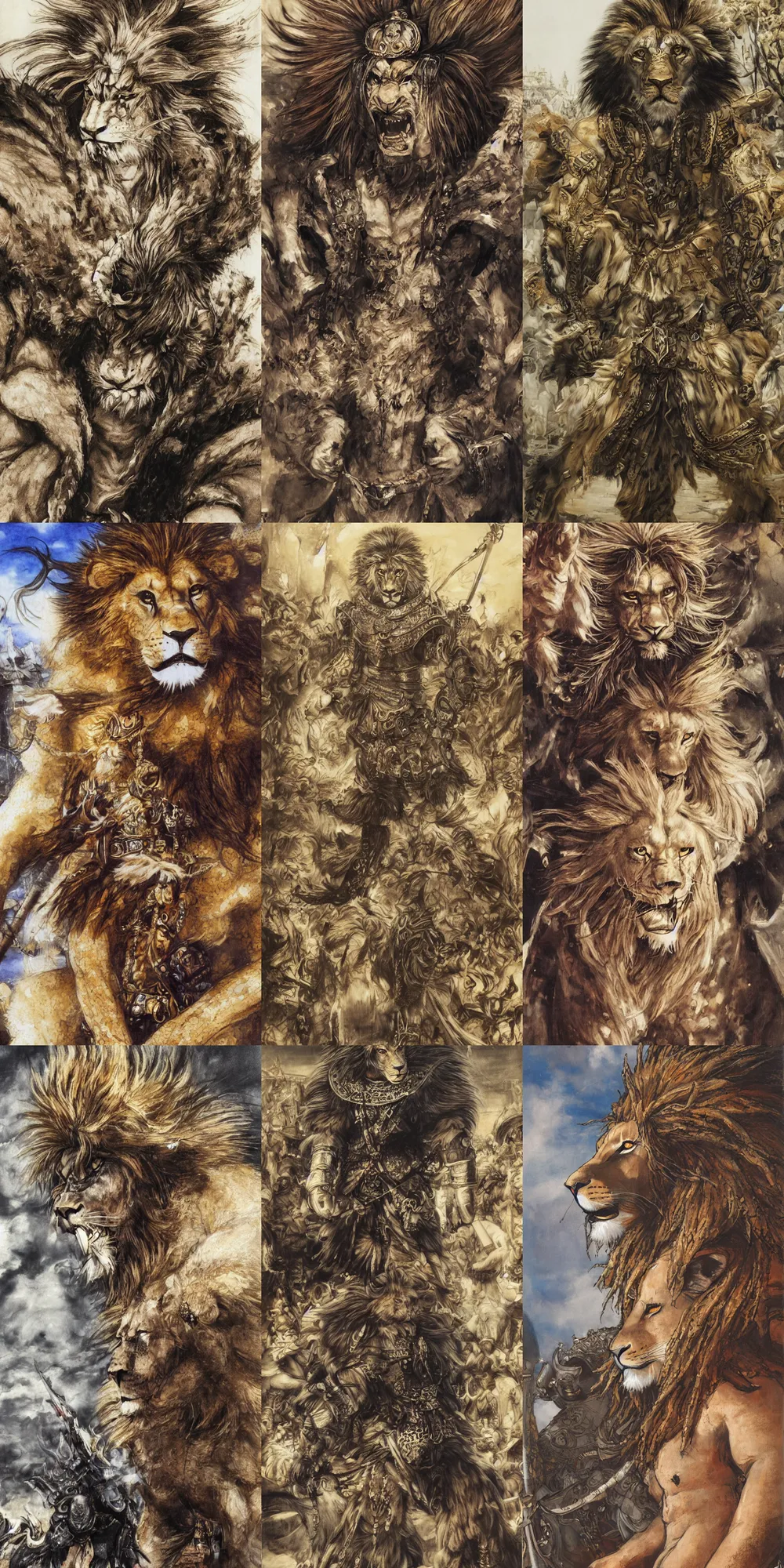 Image similar to 8 k yoshitaka amano painting of upper body of a young cool looking lion beastman with white mane at a medieval market at windy day. depth of field. he is wearing complex fantasy clothing. he has huge paws. renaissance style lighting.