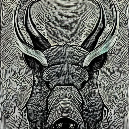 Image similar to art of symmetrical wild boar with mushrooms on face, in the style of moebius and studio ghibli and vincent van gogh