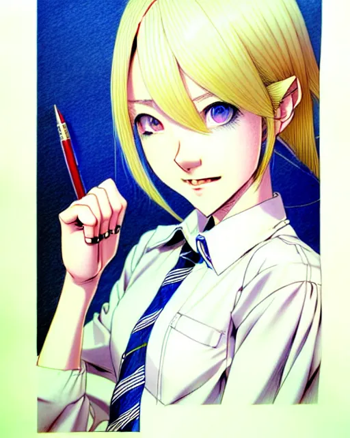 Prompt: young female prep school student with medium length bright blonde hair and pale skin, in an old study room, complex artistic color ink pen sketch illustration, subtle detailing, artwork by Artgerm and Range Murata.