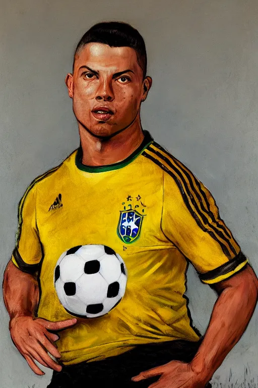 Prompt: portrait of ronaldo nazario holding a soccer ball, wearing the yellow brazil soccer shirt, shaved head, painting by rembrandt, high quality, very beautiful, detailed, 4 k