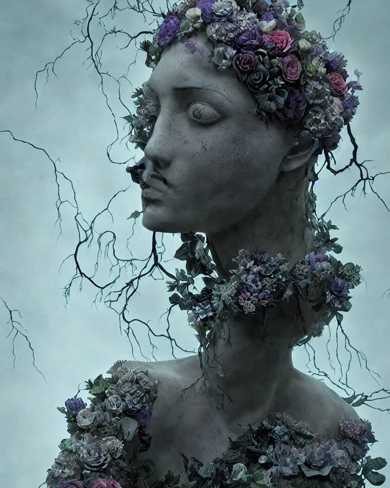 Image similar to portrait of a gothic cemetery statue made of mist and flowers, cosmic horror, mutating into mist, cinematic lightning, Andrew Ferez, Charlie Bowater, Marco Mazzoni, Seb McKinnon, Ryohei Hase, Alberto Seveso, Kim Keever, trending on cgsociety, featured on zbrush central, new sculpture, mystical