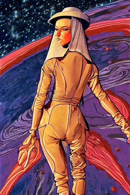 Image similar to cyber portrait fashion model in space artwork by jean giraud