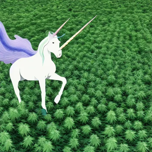 Image similar to a unicorn with wings standing in a field of marijuana eating the leaves, photography, 8 k, highly detailed, ultra realistic, path traced