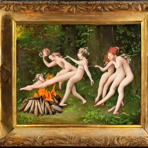 Prompt: painting of nymphs dancing around a campfire in the middle of the forest, happy, playful, joyful